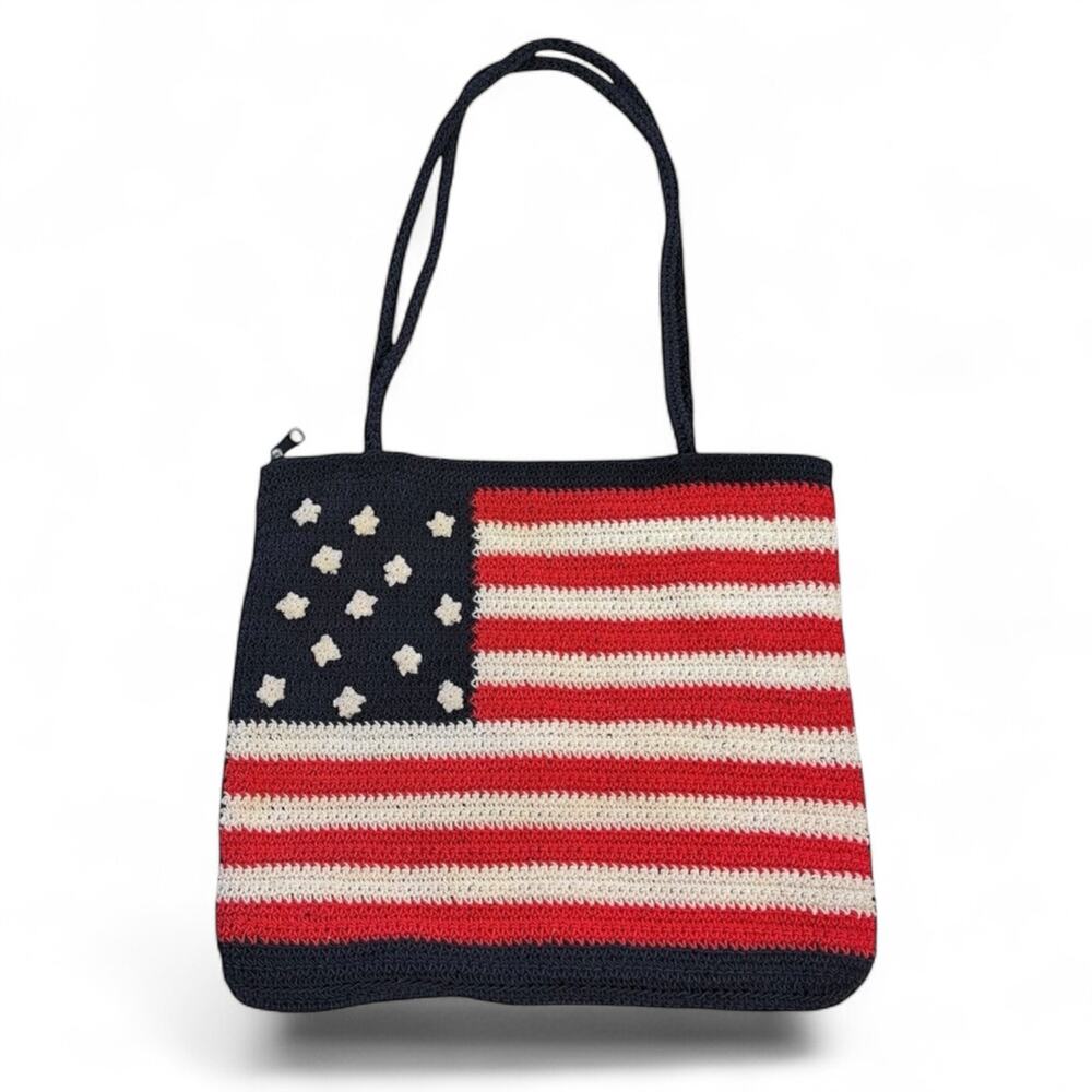 Patriotic Knit Tote Bag Red White Blue 13 Star American Flag Crochet Bag